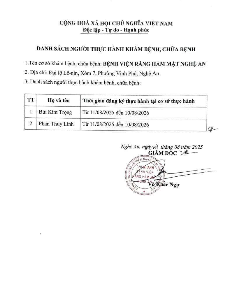 Danh sách người thực hành khám bệnh, chữa bệnh tại Bệnh viện Răng Hàm Mặt Nghệ An